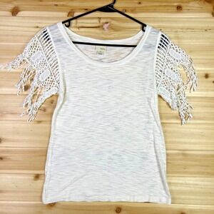 Daytrip Shirt Womens XS White Sheer Crochet Sleeve Boho Short Sleeve Shirt